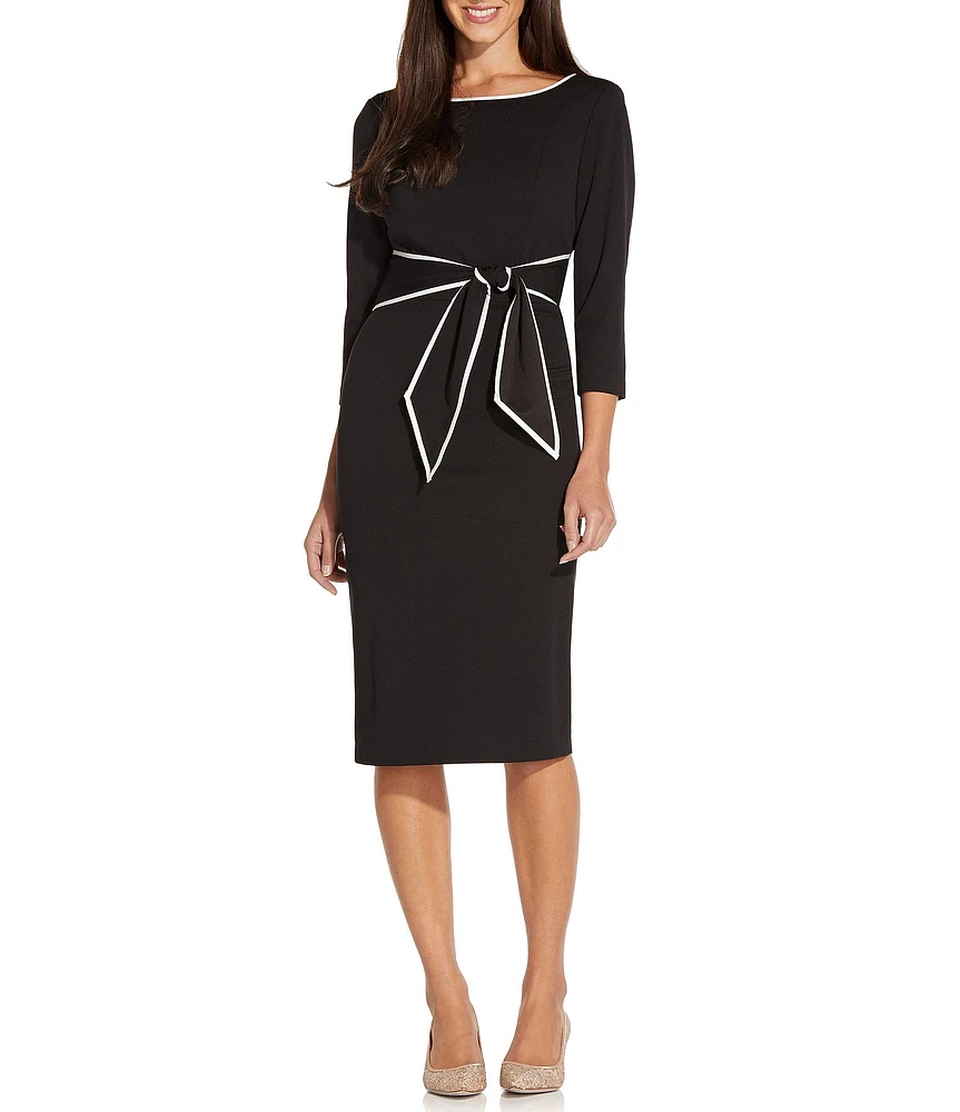 Adrianna Papell Contrasting Trim Boat Neck 3/4 Sleeve Tie Waist Crepe Sheath Dress