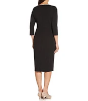 Adrianna Papell Contrasting Trim Boat Neck 3/4 Sleeve Tie Waist Crepe Sheath Dress