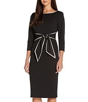 Adrianna Papell Contrasting Trim Boat Neck 3/4 Sleeve Tie Waist Crepe Sheath Dress