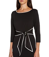 Adrianna Papell Contrasting Trim Boat Neck 3/4 Sleeve Tie Waist Crepe Sheath Dress