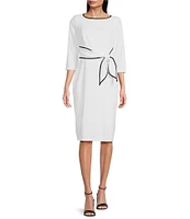 Adrianna Papell Contrasting Trim Boat Neck 3/4 Sleeve Tie Waist Crepe Sheath Dress