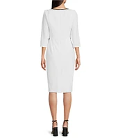 Adrianna Papell Contrasting Trim Boat Neck 3/4 Sleeve Tie Waist Crepe Sheath Dress