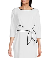 Adrianna Papell Contrasting Trim Boat Neck 3/4 Sleeve Tie Waist Crepe Sheath Dress