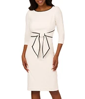 Adrianna Papell Contrasting Trim Boat Neck 3/4 Sleeve Tie Waist Crepe Sheath Dress