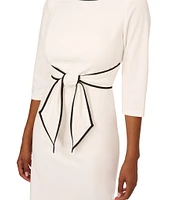 Adrianna Papell Contrasting Trim Boat Neck 3/4 Sleeve Tie Waist Crepe Sheath Dress