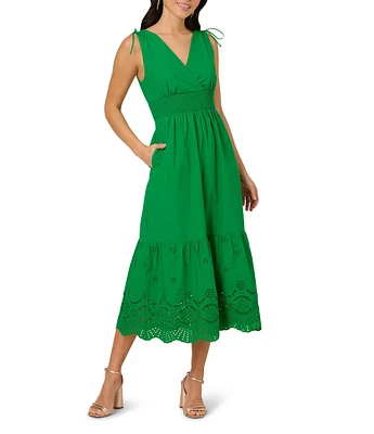 Adrianna Papell Cotton V Neck Sleeveless Eyelet Hem Midi Dress