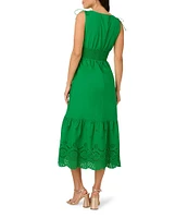 Adrianna Papell Cotton V Neck Sleeveless Eyelet Hem Midi Dress