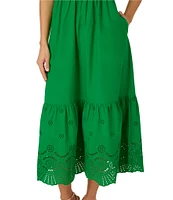 Adrianna Papell Cotton V Neck Sleeveless Eyelet Hem Midi Dress