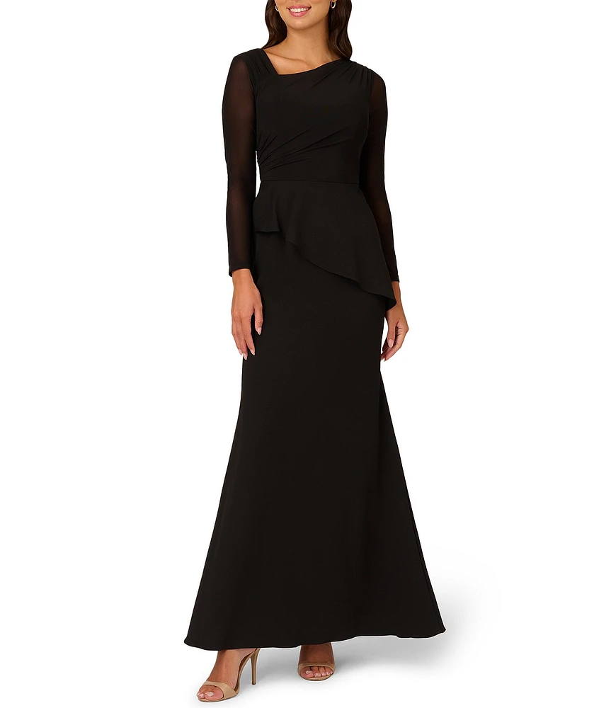 Adrianna Papell Crepe Asymmetrical Neck Illusion Long Sleeve Peplum Gown