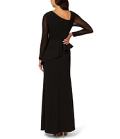 Adrianna Papell Crepe Asymmetrical Neck Illusion Long Sleeve Peplum Gown