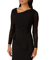 Adrianna Papell Crepe Asymmetrical Neck Illusion Long Sleeve Peplum Gown