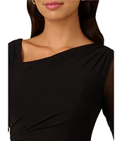 Adrianna Papell Crepe Asymmetrical Neck Illusion Long Sleeve Peplum Gown