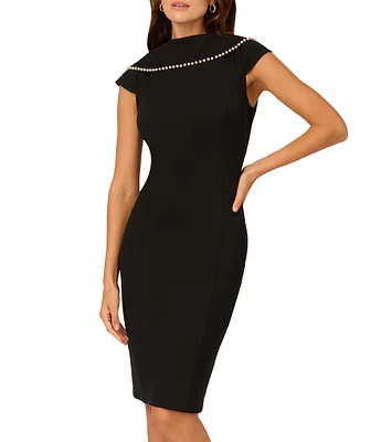 Adrianna Papell Crepe Boat Neck Cap Sleeve V-Back Pearl Sheath Midi Dress