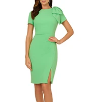 Adrianna Papell Crepe Crew Neck Short Sleeve Bow Shoulder Ruched Sheath Dress