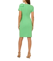Adrianna Papell Crepe Crew Neck Short Sleeve Bow Shoulder Ruched Sheath Dress