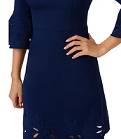 Adrianna Papell Crepe Floral Cutout Boat Neck 3/4 Sleeve Sheath Mini Dress