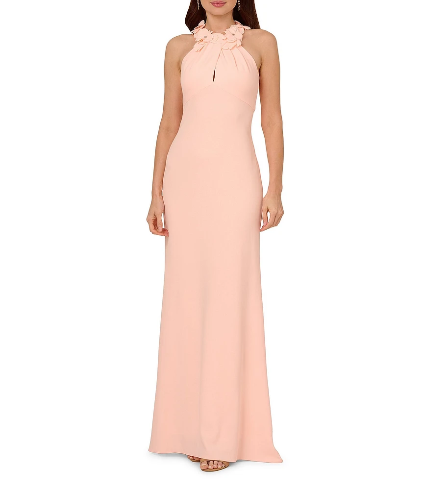 Adrianna Papell Crepe Halter Neck Sleeveless Rosette Mermaid Gown