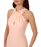 Adrianna Papell Crepe Halter Neck Sleeveless Rosette Mermaid Gown