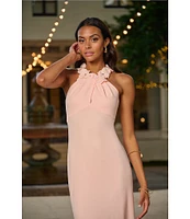Adrianna Papell Crepe Halter Neck Sleeveless Rosette Mermaid Gown