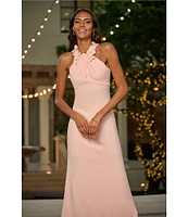 Adrianna Papell Crepe Halter Neck Sleeveless Rosette Mermaid Gown