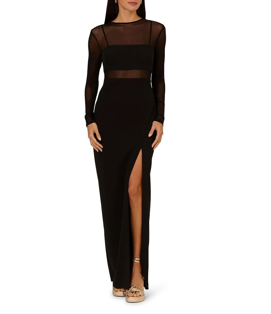 Adrianna Papell Crepe Knit Mock Neck Illusion Long Sleeve Side Slit Sheath Dress