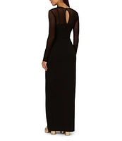 Adrianna Papell Crepe Knit Mock Neck Illusion Long Sleeve Side Slit Sheath Dress