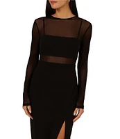 Adrianna Papell Crepe Knit Mock Neck Illusion Long Sleeve Side Slit Sheath Dress