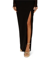 Adrianna Papell Crepe Knit Mock Neck Illusion Long Sleeve Side Slit Sheath Dress