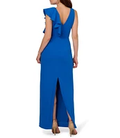 Adrianna Papell Crepe Knit Sheath Boat Neck Sleeveless Ruffle Front Gown