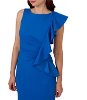 Adrianna Papell Crepe Knit Sheath Boat Neck Sleeveless Ruffle Front Gown