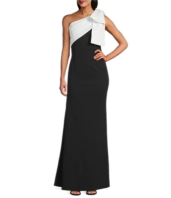 Adrianna Papell Crepe One Shoulder Color Block Bow Mermaid Dress