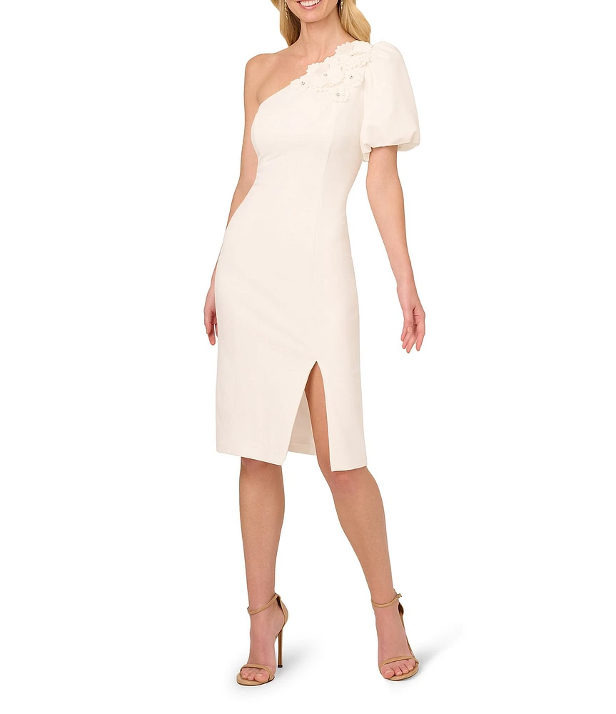 Adrianna Papell Crepe One Shoulder Puff Sleeve Rosette Front Slit Sheath Dress