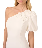 Adrianna Papell Crepe One Shoulder Puff Sleeve Rosette Front Slit Sheath Dress