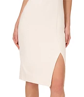 Adrianna Papell Crepe One Shoulder Puff Sleeve Rosette Front Slit Sheath Dress