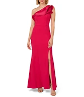 Adrianna Papell Crepe One Shoulder Tiered Ruffle Trim Sleeveless Gown