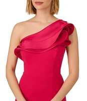 Adrianna Papell Crepe One Shoulder Tiered Ruffle Trim Sleeveless Gown