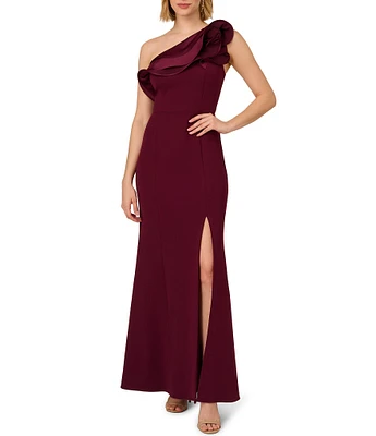 Adrianna Papell Crepe One Shoulder Tiered Ruffle Trim Sleeveless Gown