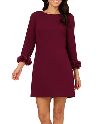 Adrianna Papell Crepe Shift Boat Neck 3/4 Sleeve 3-D Flower Cuff Mini Dress