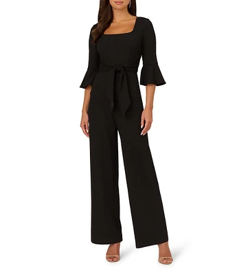 Adrianna Papell Crepe Square Neck 3/4 Bell Sleeve Tie Front Straight Leg Jumpsuit