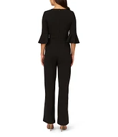 Adrianna Papell Crepe Square Neck 3/4 Bell Sleeve Tie Front Straight Leg Jumpsuit