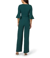 Adrianna Papell Crepe Square Neck 3/4 Bell Sleeve Tie Front Straight Leg Jumpsuit