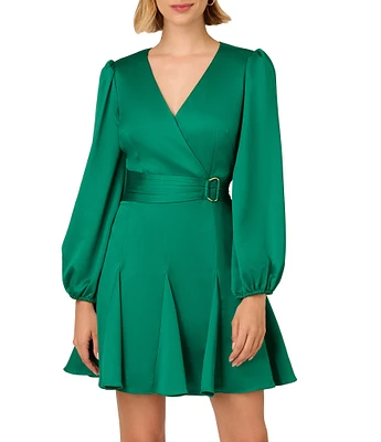 Adrianna Papell Crepe Surplice V-Neck Long Sleeve Belted Godet Faux Wrap Mini Dress