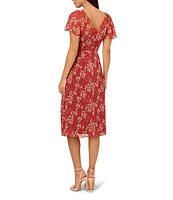 Adrianna Papell Crew Neck Flutter Sleeve Floral Print Crinkle Chiffon Midi Dress