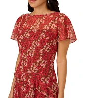 Adrianna Papell Crew Neck Flutter Sleeve Floral Print Crinkle Chiffon Midi Dress