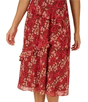 Adrianna Papell Crew Neck Flutter Sleeve Floral Print Crinkle Chiffon Midi Dress