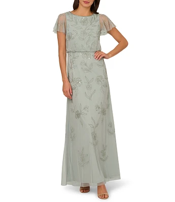 Adrianna Papell Crew Neck Short Flutter Sleeve Beaded Blouson Dress