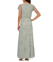 Adrianna Papell Crew Neck Short Flutter Sleeve Beaded Blouson Dress