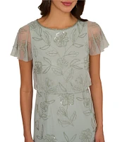 Adrianna Papell Crew Neck Short Flutter Sleeve Beaded Blouson Dress