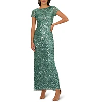 Adrianna Papell Crew Neck Short Sleeve Beaded Sequin Mesh Column Gown