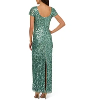 Adrianna Papell Crew Neck Short Sleeve Beaded Sequin Mesh Column Gown